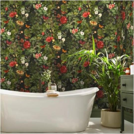 vlies tapeta klaszicky botanicky tmavy vintage elegantny kvet motyl ruza lucny kvet motyl tmavosivy cerveny oranzovy zlty kremovy zelena do kupelne.jpg